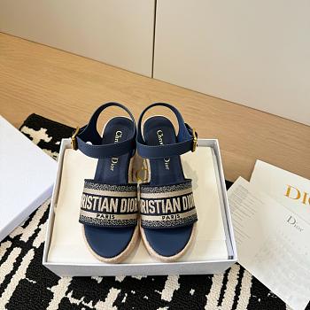 Dway Wedge Sandal Deep Blue Calfskin and Embroidered Cotton