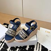Dway Wedge Sandal Deep Blue Calfskin and Embroidered Cotton - 5