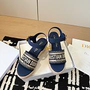 Dway Wedge Sandal Deep Blue Calfskin and Embroidered Cotton - 3
