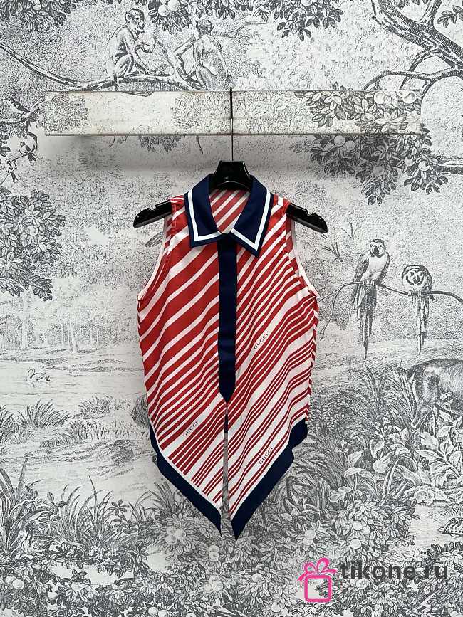 Gucci Silk Twill Printed Knot Hem Top In Red And Blue - 1