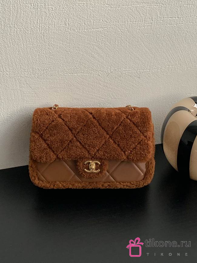 Chanel Flap Bag Shearling Lambskin & Gold-Tone Metal Brown - 16×23.5×7.5cm - 1