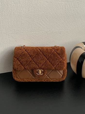 Chanel Flap Bag Shearling Lambskin & Gold-Tone Metal Brown - 16×23.5×7.5cm