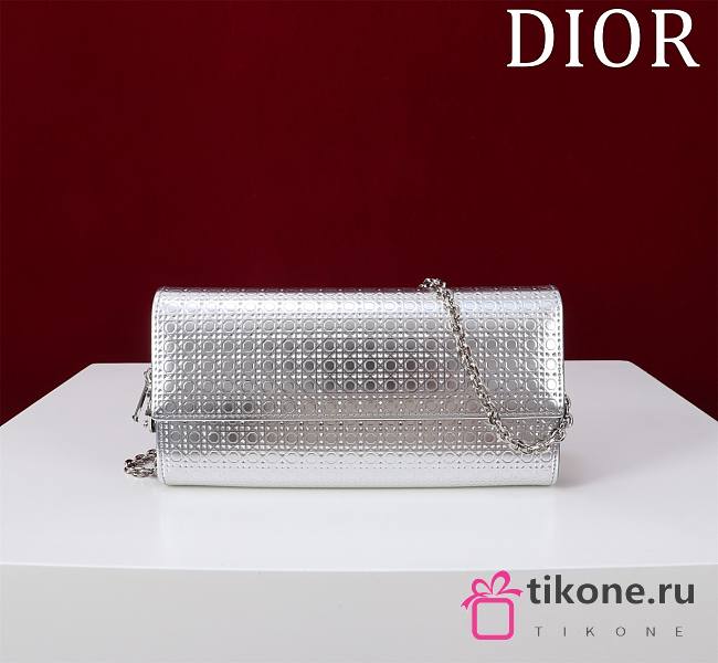 Dior Silver Microcannage Patent Leather Lady Dior Croisiere Wallet on Chain 21cm - 1