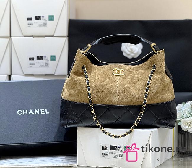 Chanel Small Tote Suede Calfskin Shiny Lambskin & Gold-Tone Metal Beige & Black - 36x24x14cm - 1