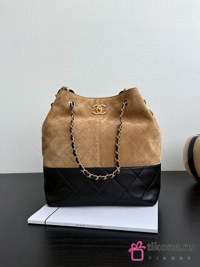 Chanel Shopping Bag Suede Calfskin Shiny Lambskin Gold-Tone Metal Beige & Black - 39x33.5x16cm - 1