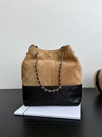 Chanel Shopping Bag Suede Calfskin Shiny Lambskin Gold-Tone Metal Beige & Black - 39x33.5x16cm