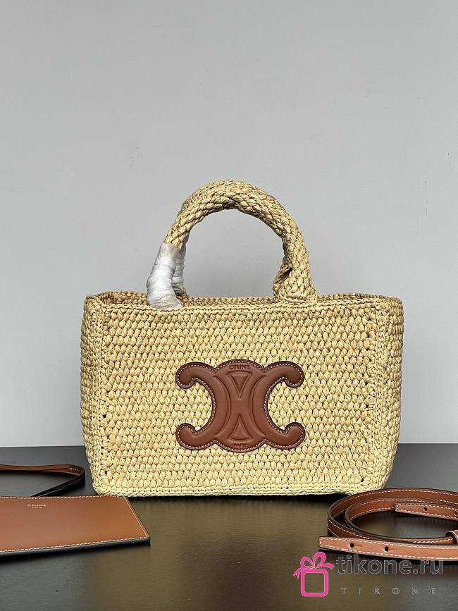 Celine Small Cabas Thais In Raffia And Calfskin Tan - 27x19x13cm - 1
