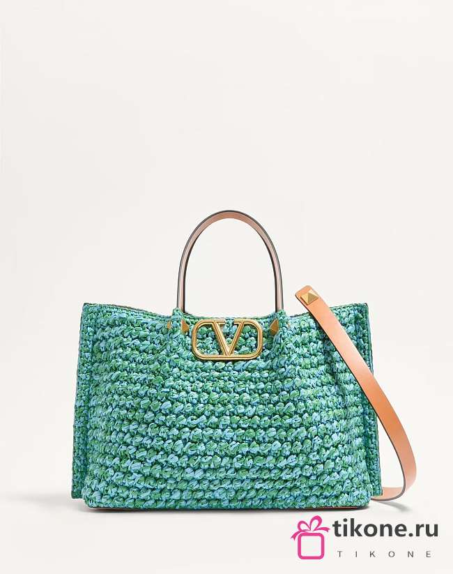 Valentino Medium Shopping Bag In Raffia Crochet in Green/Azure/Camel - 35x25x17cm - 1