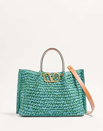 Valentino Medium Shopping Bag In Raffia Crochet in Green/Azure/Camel - 35x25x17cm