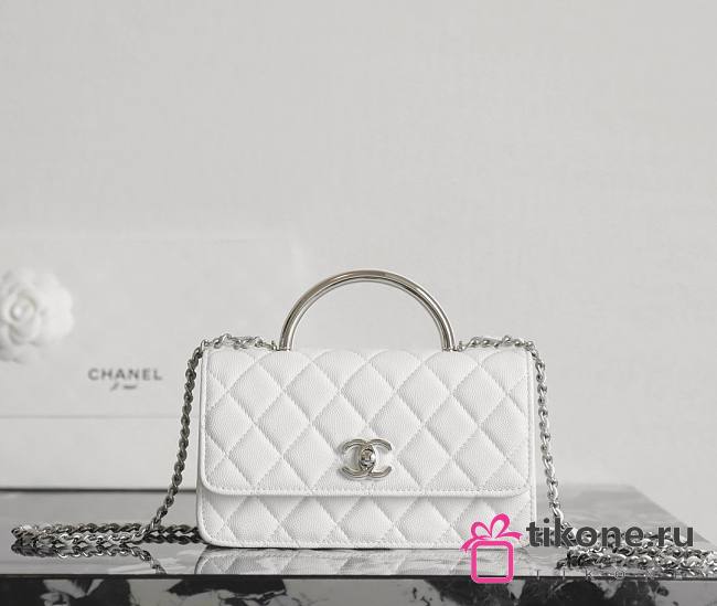 Chanel Clutch With Chain Shiny Grained Calfskin Resin Silver Tone Metal White - 18.5x11x6cm - 1