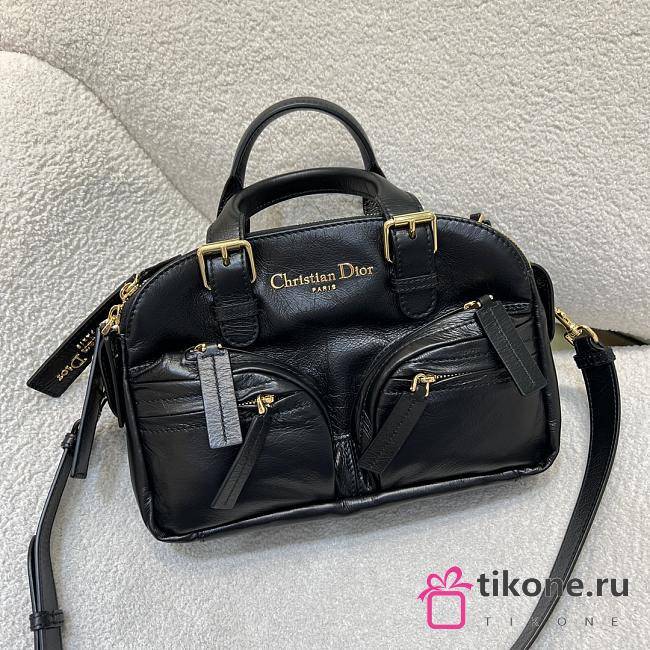 Dior Small Grand Tour Bowling Bag Black Crinkled Calfskin - 28x19x9.5cm - 1
