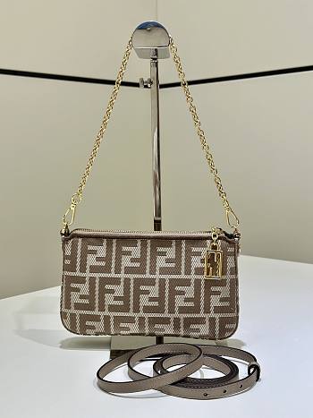 Baguette Pouch Dove Grey Denim Effect FF Jacquard Charm Pouch With Chain - 20x13x3cm