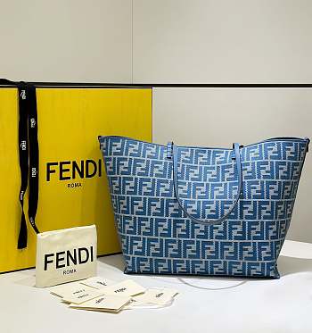 Fendi Roll Large Reversible Shopper In Pequin Striped And Blue FF Fabric - 35x32x19.5cm