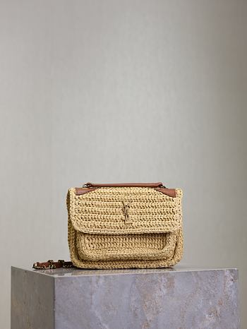 YSL Niki Mini In Raffia Natural And Brick - 18x12.5x5cm