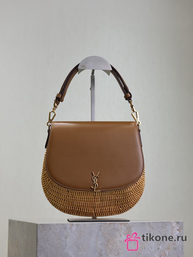 YSL Mini Voltaire Top Handle Bag In Osier Natural And Brick - 20x22x7.5cm - 1