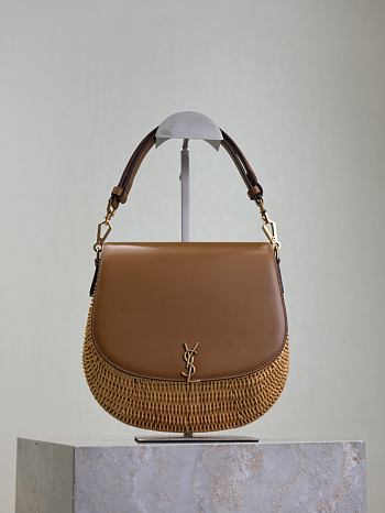 YSL Mini Voltaire Top Handle Bag In Osier Natural And Brick - 20x22x7.5cm