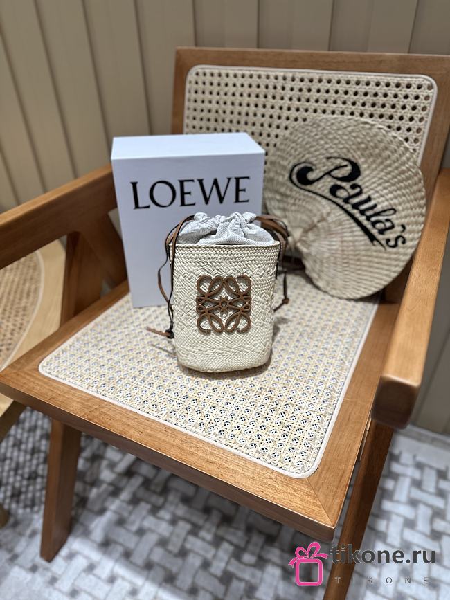 Loewe Square Pocket In Iraca Palm And Calfskin Natural/Tan - 22x14x6cm - 1