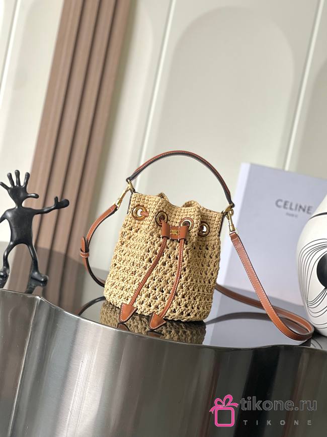 Celine Teen Clara Bag In Raffia And Calfskin Natural/Tan - 19x16x16cm - 1