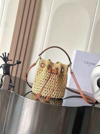 Celine Teen Clara Bag In Raffia And Calfskin Natural/Tan - 19x16x16cm