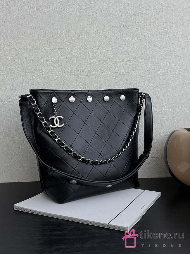 Chanel Large Bucket Bag Shiny Lambskin & Silver Tone Metal Black - 31x28x15cm - 1
