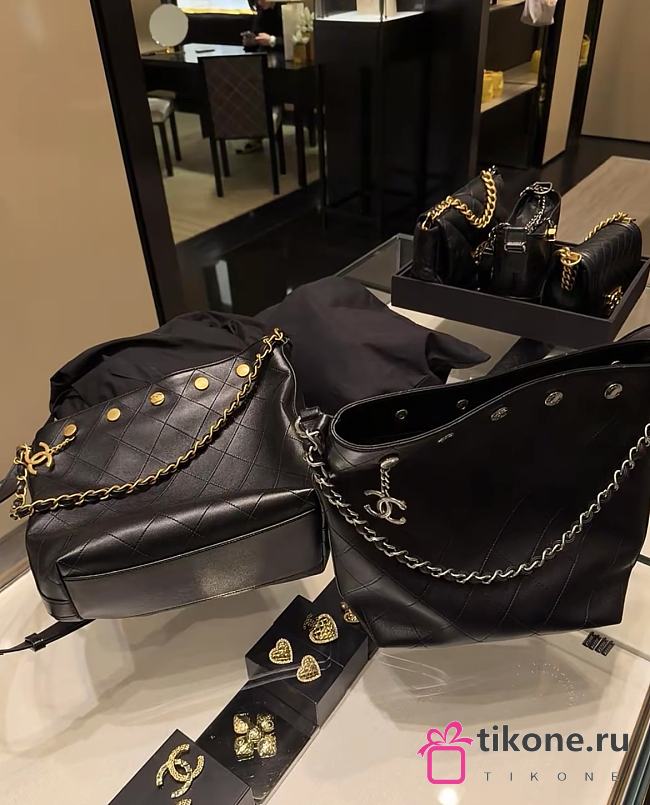 Chanel Large Bucket Bag Shiny Lambskin Black  - 1