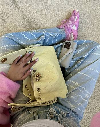 Chanel 25 Handbag Small Grained Calfskin Gold Tone Metal Light Yellow