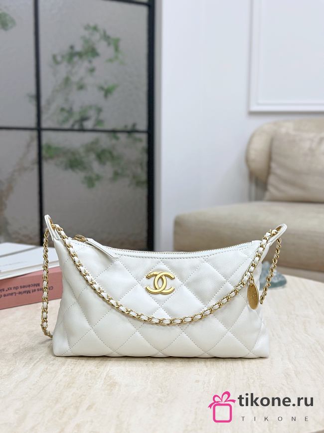 Chanel Hobo Handbag Calfskin Gold Tone Metal White - 17x26x8.5cm - 1
