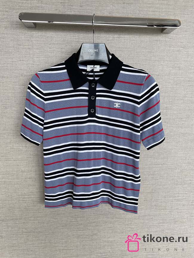 Celine Cropped Polo In Striped Cotton Denim/Black/Off White - 1