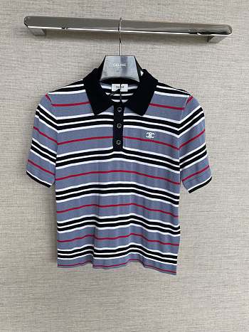 Celine Cropped Polo In Striped Cotton Denim/Black/Off White