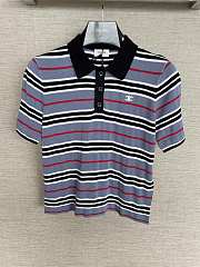 Celine Cropped Polo In Striped Cotton Denim/Black/Off White - 3