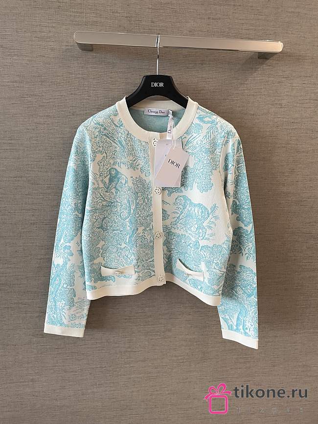 Dioriviera Cropped Jacket White Technical Knit with Lily of the Valley Green Toile de Jouy Sauvage Motif - 1