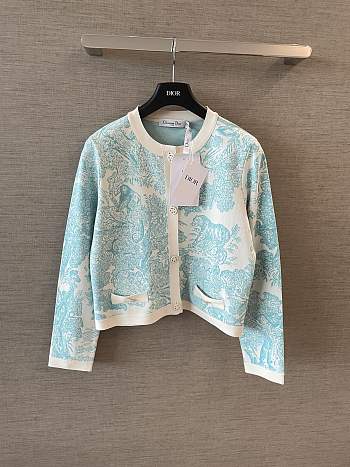 Dioriviera Cropped Jacket White Technical Knit with Lily of the Valley Green Toile de Jouy Sauvage Motif