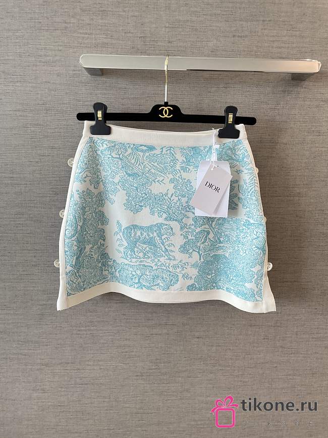 Dioriviera Straight Miniskirt White Technical Knit with Lily of the Valley Green Toile de Jouy Sauvage Motif - 1
