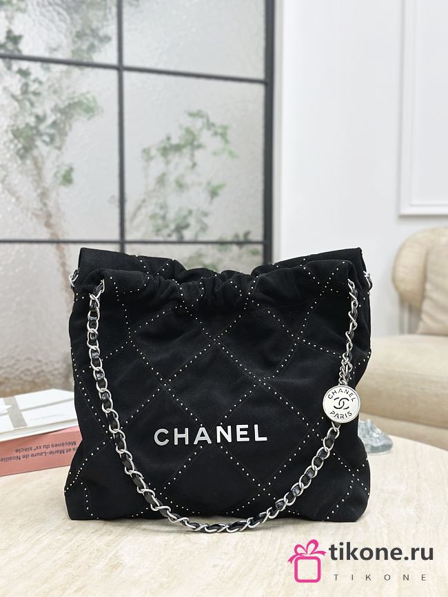 Chanel 22 Small Handbag Suede Calfskin Studs & Silver Tone Metal Black - 37x35x7cm - 1