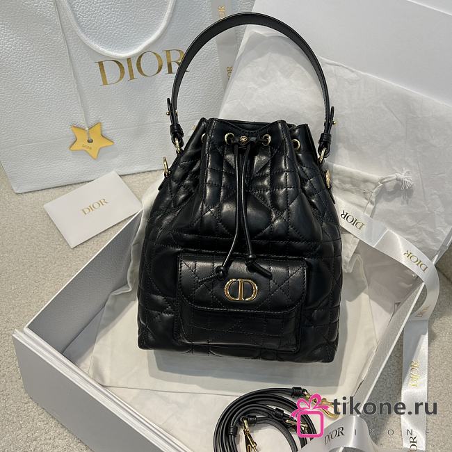 Small Dior Caro Bucket Bag Black Macrocannage Lambskin - 24x20x9cm - 1