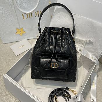 Small Dior Caro Bucket Bag Black Macrocannage Lambskin - 24x20x9cm