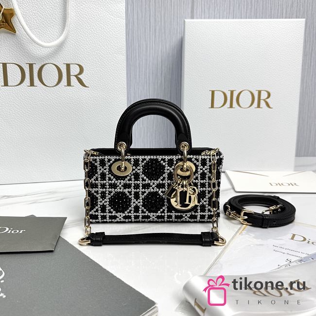 Dior Lady D-Joy Micro Bag Cannage Embroidery with Black Beads and Silver Tone Strass - 16x9x5cm - 1