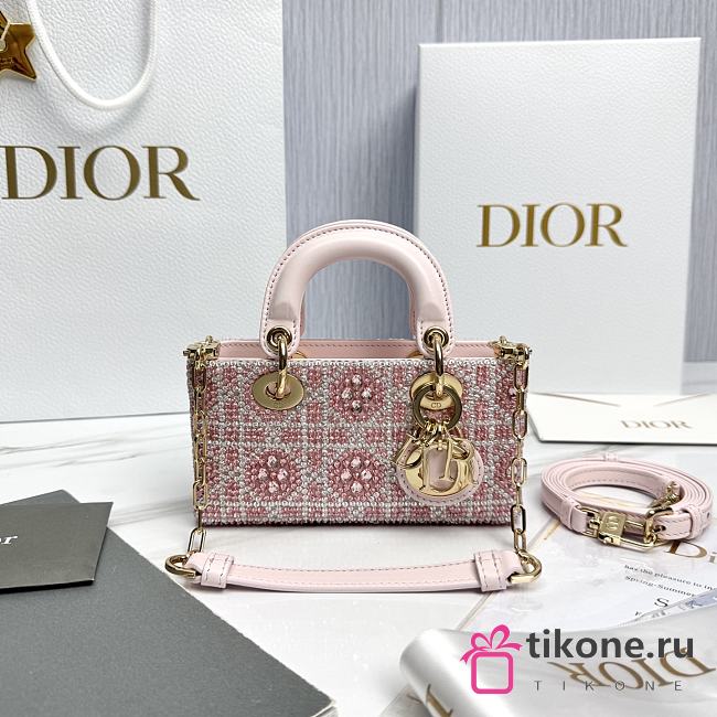 Dior Lady D-Joy Micro Bag Cannage Embroidery with Pink Beads and Silver Tone Strass - 16x9x5cm - 1