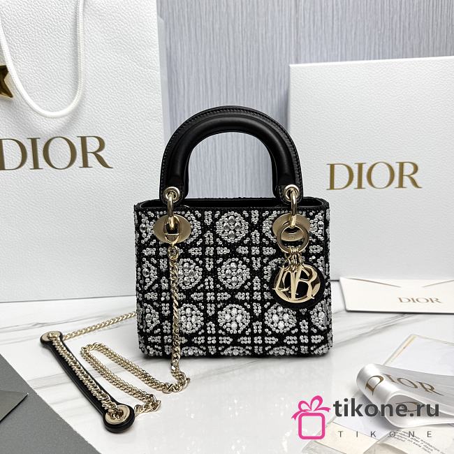Mini Lady Dior Bag Cannage Embroidery with Black Beads and Silver Tone Strass - 17x15x7cm - 1