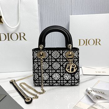 Mini Lady Dior Bag Cannage Embroidery with Black Beads and Silver Tone Strass - 17x15x7cm