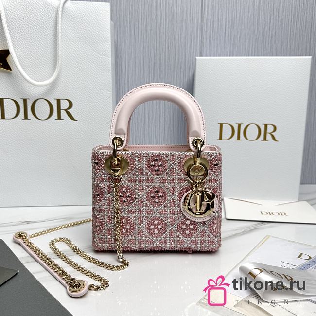 Mini Lady Dior Bag Cannage Embroidery with Pink Beads and Silver Tone Strass - 17x15x7cm - 1