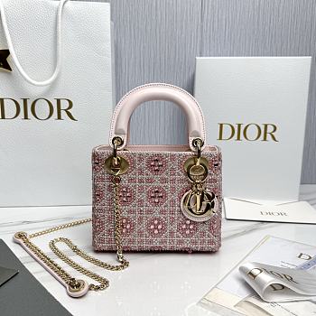 Mini Lady Dior Bag Cannage Embroidery with Pink Beads and Silver Tone Strass - 17x15x7cm