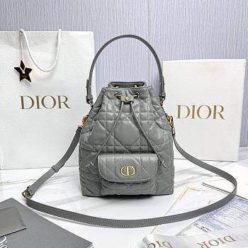 Small Dior Caro Bucket Bag Stone Gray Macrocannage Lambskin - 24x20x9cm