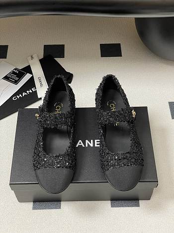Chanel 25 Mary Janes Tweed Sequin Grosgrain Black