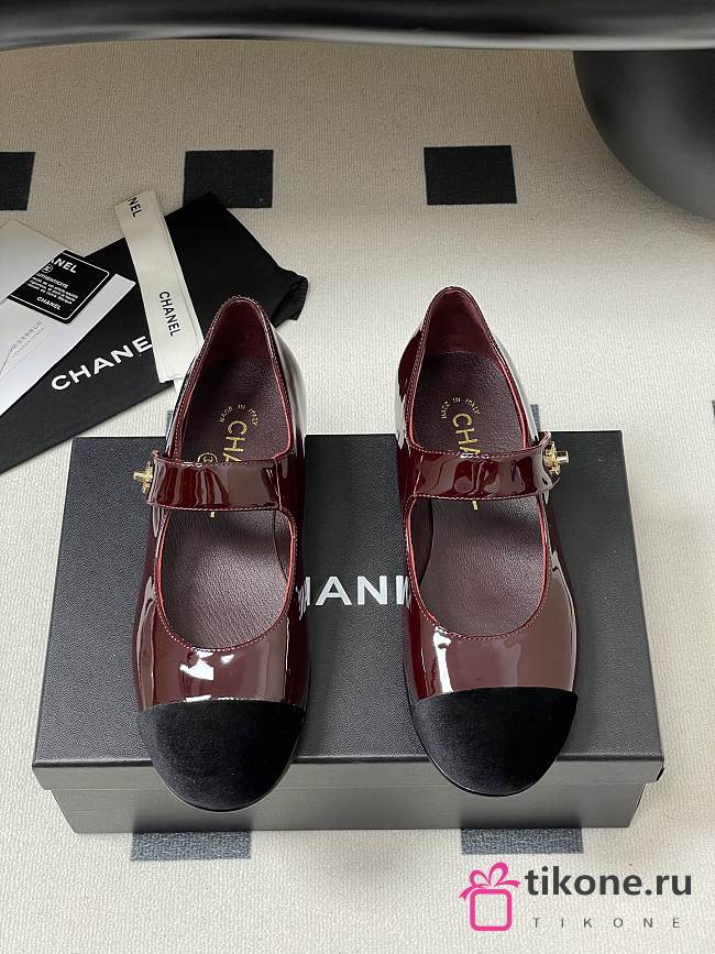 Chanel Mary Janes Patent Calfskin Velvet Red Black - 1
