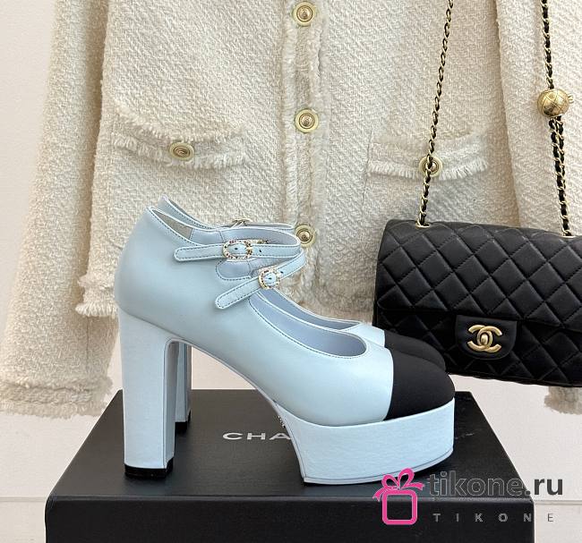 Chanel Mary Janes Lambskin Grosgrain Light Blue Black 12.5cm - 1