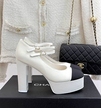 Chanel Mary Janes Lambskin Grosgrain White Black 12.5cm