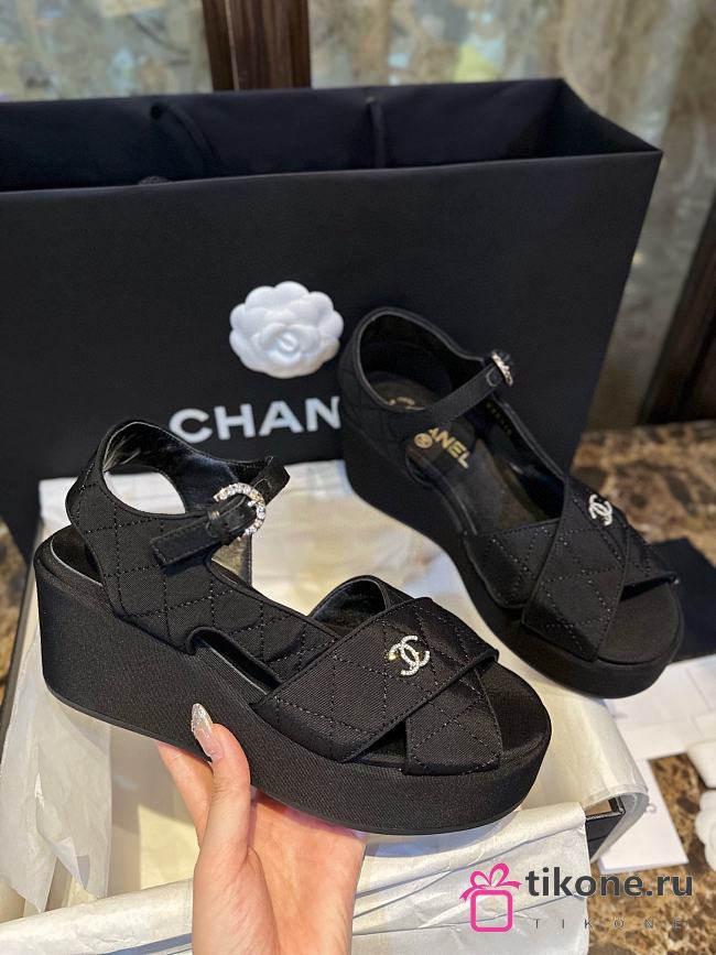 Chanel Wedge Sandals Platform Quilted Grosgrain Black 4cm  - 1