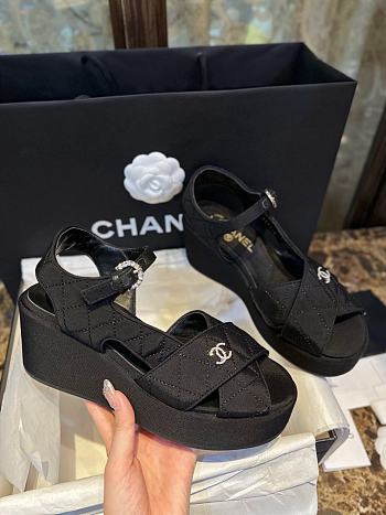 Chanel Wedge Sandals Platform Quilted Grosgrain Black 4cm 