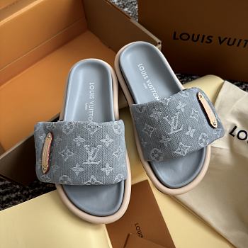 LV Pool Pillow Flat Comfort Mule Gray Monogram Denim 1AGUZY